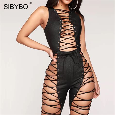 Sibybo Lace Up Hollow Out PU Sexy Jumpsuit Women Sleeveless Bandage Skinny Summer Rompers Womens