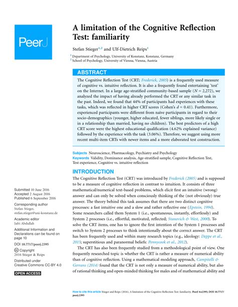 Pdf A Limitation Of The Cognitive Reflection Test Familiarity