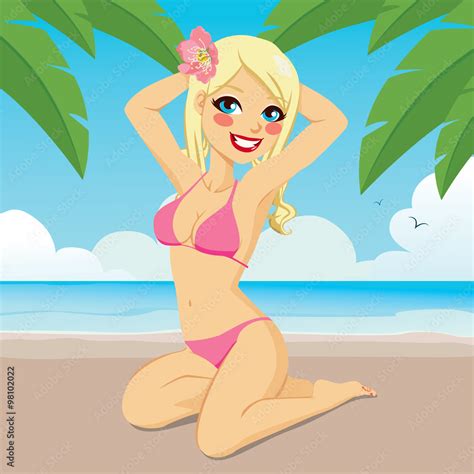 Attractive Blonde Woman Sitting With Pin Up Pose Relaxing On Beach Sand