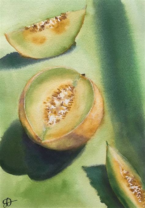 Melons Illuminated By Light Watercolor Still Life Painting Still