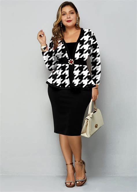 Rotita Plus Size Contrast Houndstooth Print Dress In 2021 Plus Size