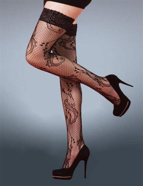 Silky Black Vine Fishnet Lace Top Hold Ups Stockings Kiss Tights
