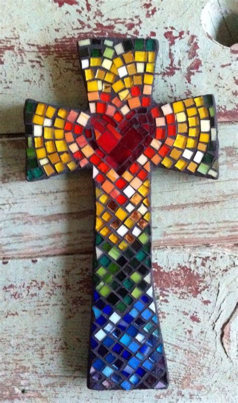 Hand Made Large Mosaic Cross With Iridescent Stained Glass Mosaic
