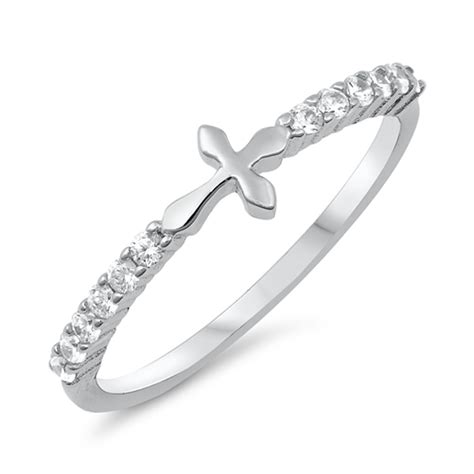 Clear Cz Sideways Cross Christian Purity Ring Sterling Silver Band