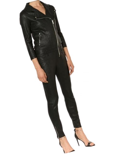 Womens Fabulous Asymmetric Zipper Real Sheepskin Black Leather Jumpsuit