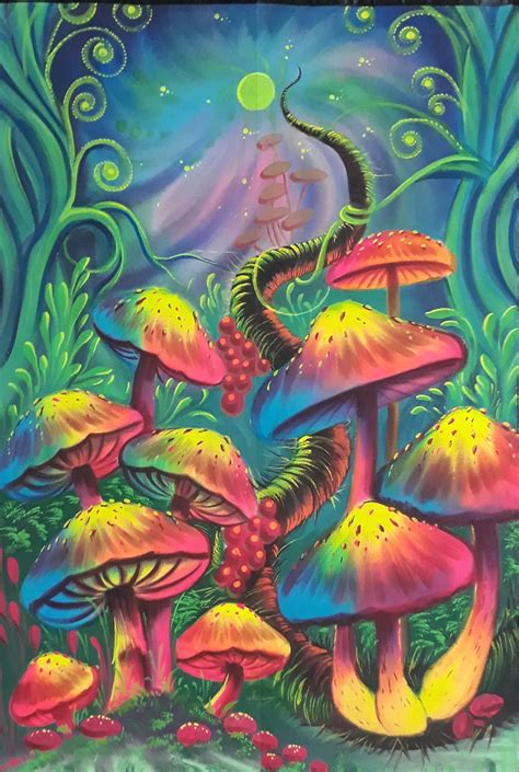 Mushrooms Fluorescent Painting Glow In Dark Uv Glow Etsy