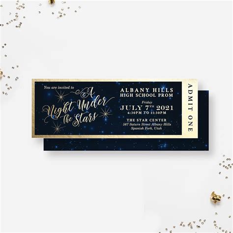 High School Prom Printed Ticket Invitation A Night Under The Stars Event Ticket Invite Admit