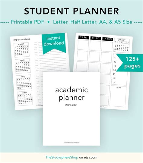 Planner Academic 2020 2021 Printable Student Planner Etsy