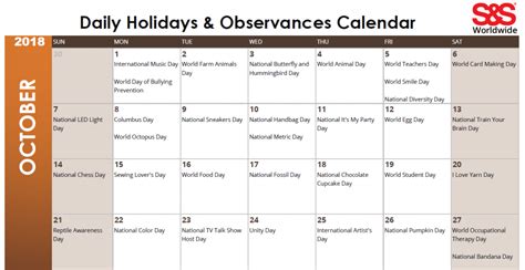 Daily Holidays And Observances Printable Calendar Archives