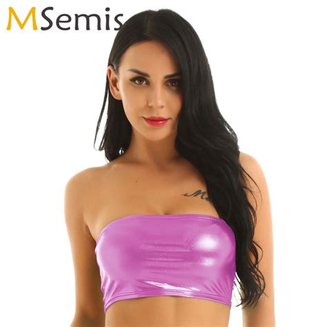 womens sexy strapless tube top shiny metallic holographic wrapped chest bandeau vest party club