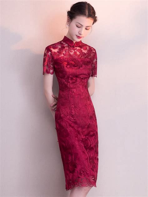 Wine Red Mid Lace Qipao Cheongsam Party Dress CozyLadyWear