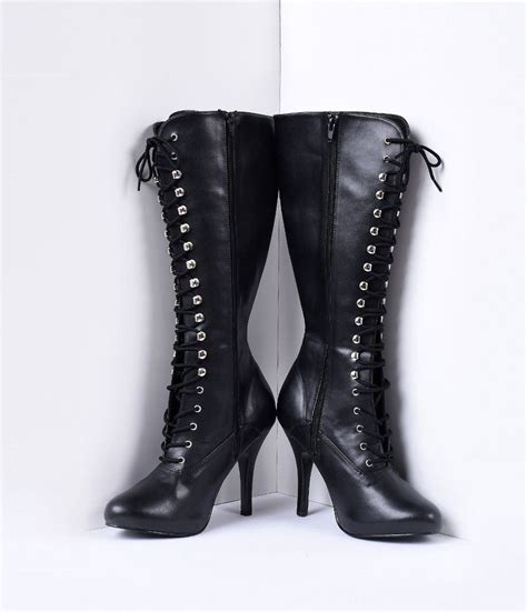 Black Vegan Leather Lace Up Knee High Stiletto Boots Stiletto Boots Stiletto Heels Stiletto