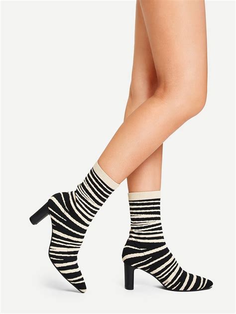 Two Tone Striped Sock Boots White High Heels Black And White High