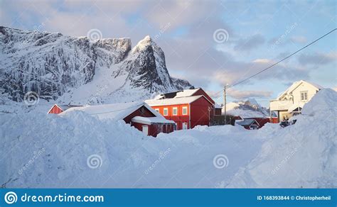 Snow And Mountains In Reine Village During Winter At The