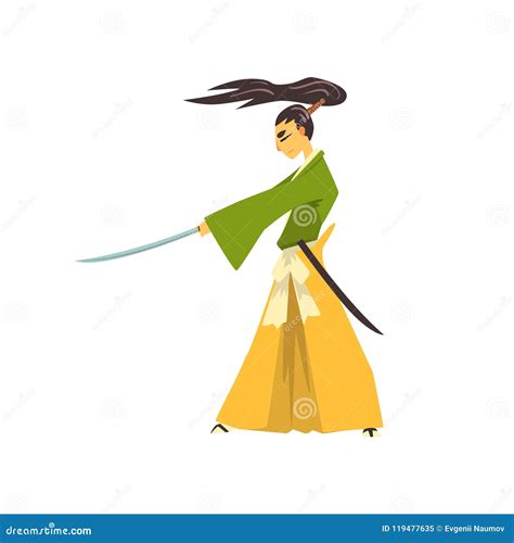 Samurai Cartoon Character Japanese Warrior Wearing In Traditional