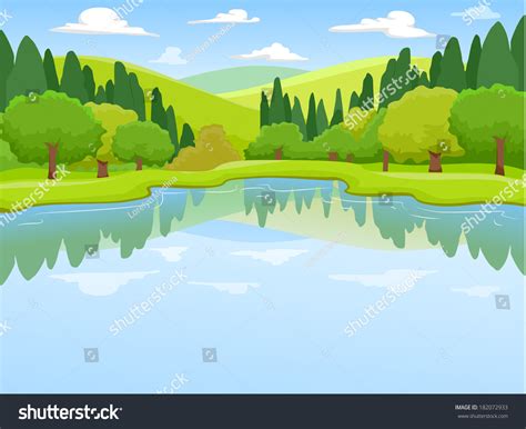 Illustration Peaceful Scenery Featuring Lake Surrounded Stock Vector Royalty Free