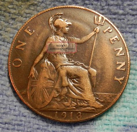 1913 One Penny Large Cent Uk Great Britain Foreign Coin Vintage 971
