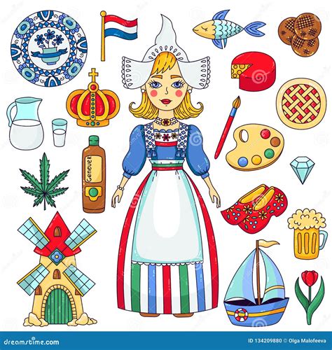 Holland Netherlands Icons And Female Character Vector Set Stock Vector