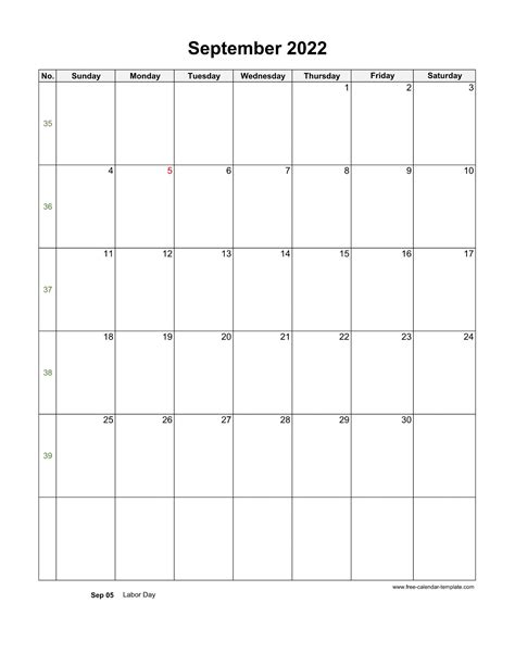2022 September Calendar Blank Vertical Template Free Calendar