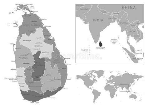 Sri Lanka Highly Detailed Black And White Map Stock Vector