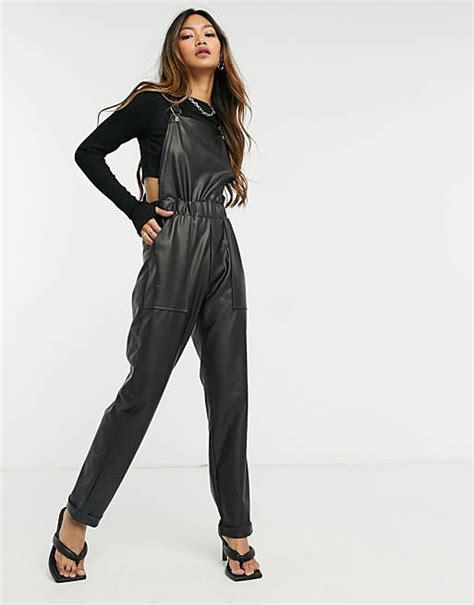 Asos Design Faux Leather Turn Up Overalls In Black Asos