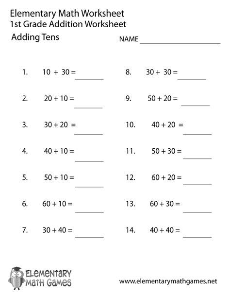 Free Printable Adding Tens Worksheet For First Grade