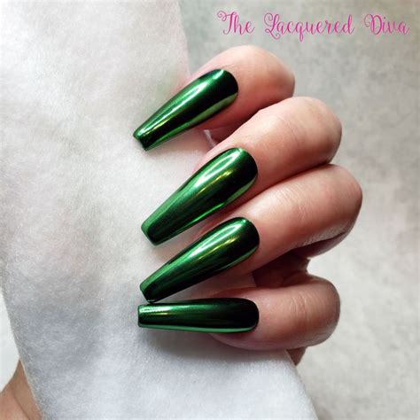 Green Light Chrome Press On False Acrylic Nails Hand Painted Etsy