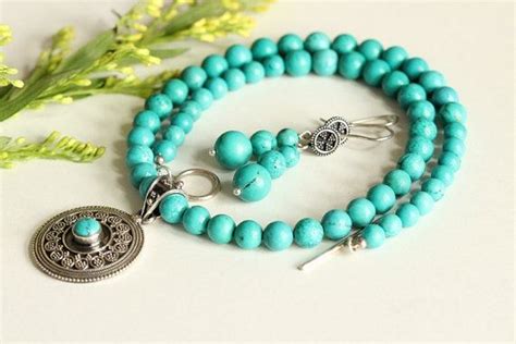 Buy Turquoise Beaded Necklace Earrings Set In Sterling Silver Online At