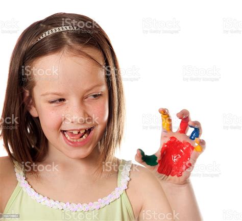 Eight Year Old Girl With Colorful Hand Stock Photo Download Image Now