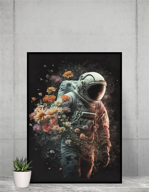 Astronaut Blumen Poster Midjourney Print Ai Portrait Etsy De