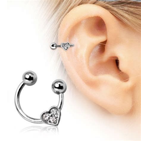 316l Surgical Steel Horseshoe Cartilage Earring With Gemmed Heart