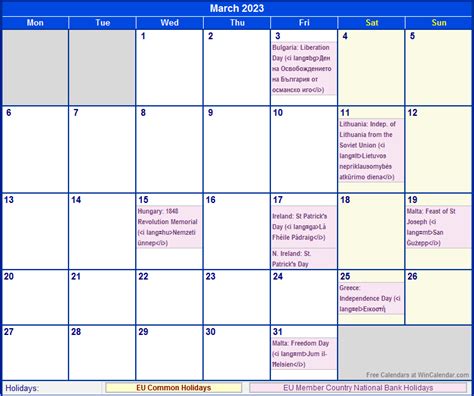 March 2023 With Holidays Calendar Gambaran