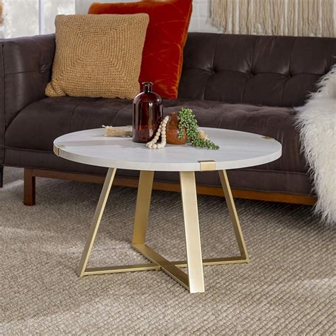 Small Round Faux Marble Coffee Table With Gold Legs X Base Interior