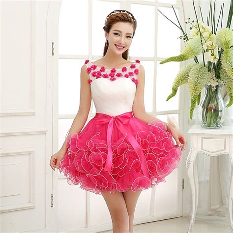 Lovely Flowers Hot Pink Ball Gown Cocktail Dress Ruffled Skirt Short