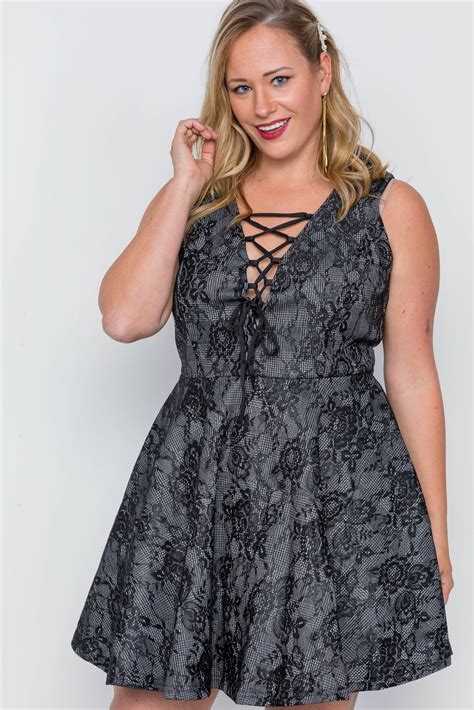 Plus Size Black Lace Print Lace Up Skater Dress Just Viva Curvy