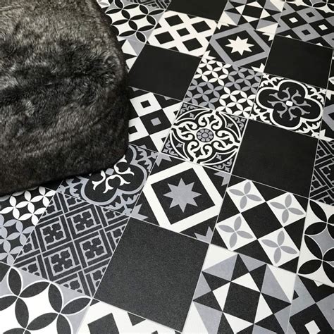 Buy Victorian Tile Effect Sheet Vinyl Flooring Black Grey And White