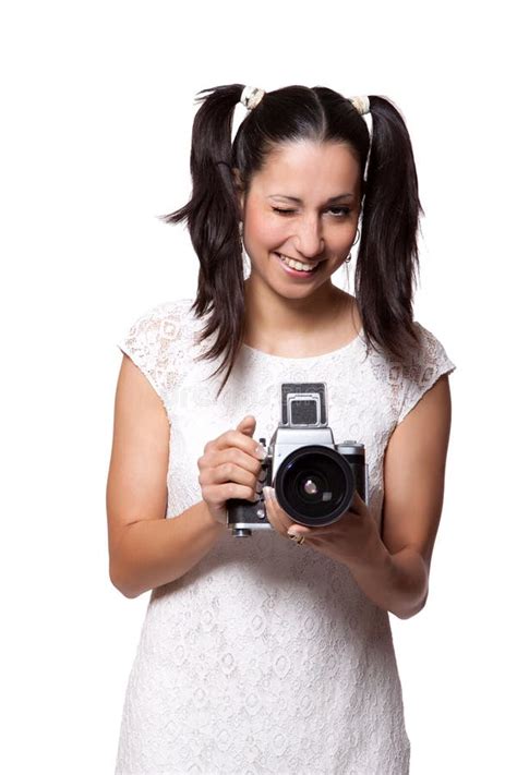 Retro Woman With An Old Camera Stock Image Image Of Happy Casual