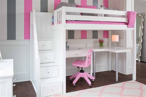 White Loft Bed With Stairs Curve Desk Student Desk Chair Built In