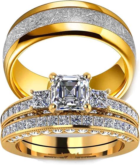 Couple Ring Bridal Set His And Hers Women 10k Yellow Gold Filled Square