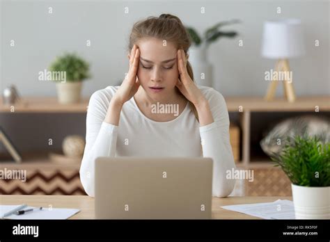 Stressed Exhausted Young Woman Tired From Computer Work Feeling Fatigue