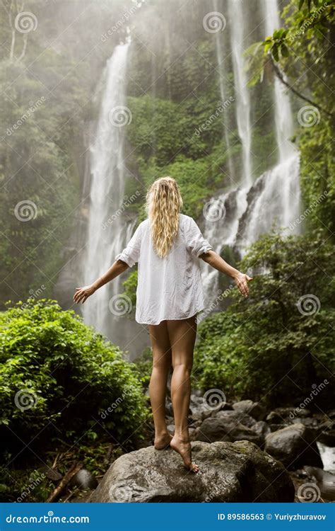 Beautiful Woman And Waterfall Stock Image Image Of Bikini Sensual
