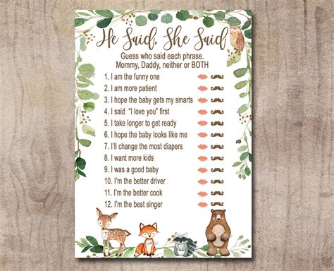 Woodland Baby Shower Game He Said She Said Gender Neutral Etsy