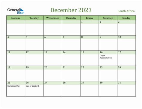 December 2023 South Africa Monthly Calendar With Holidays