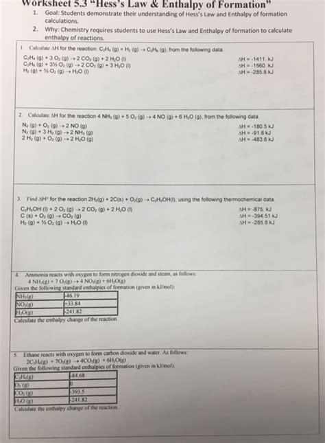 Calculate l1h for the reaction: Solved: Worksheet 5.3 " Hess 's Law & Enthalpy Of Formatio ...