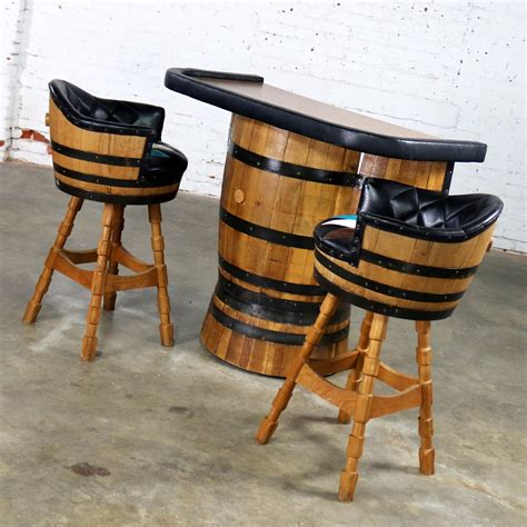 Mid Century Whiskey Barrel Bar And Swivel Bar Stools By Brothers