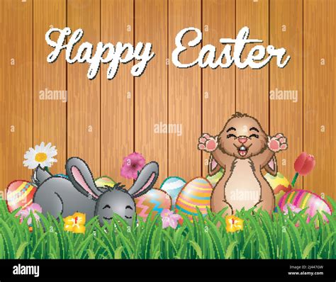 Happy Easter Bunnies On A Background Fence Stock Vector Image And Art Alamy