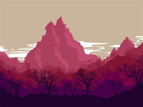 Silhouette Of Bared Trees And Pink Mountains Illustration Digital Art