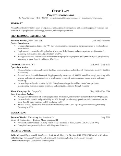 Entry Level Project Coordinator Resume Example For 2023 Resume Worded