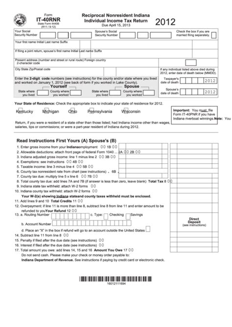 Fillable Form It 40rnr Reciprocal Nonresident Indiana Individual