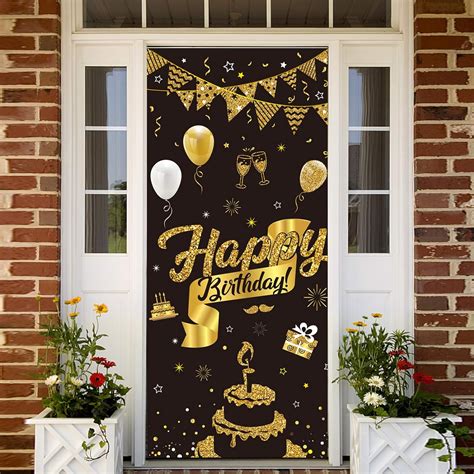 Budicool Happy Birthday Backdrop Banner Party Decorative Door Cover Black And Gold Happy